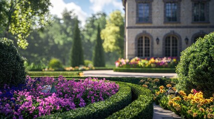 Obraz premium Serene Spring Garden Estate picturesque view of a meticulously landscaped garden featuring vibrant flowers and lush greenery, set against the backdrop of a grand stone mansion.