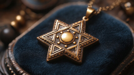 A beautifully carved Star of David pendant resting on a velvet cloth, illuminated by soft, warm light