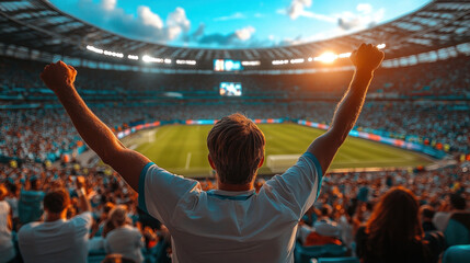 A big crowd gathered at a sports event, cheering energetically in a colorful stadium