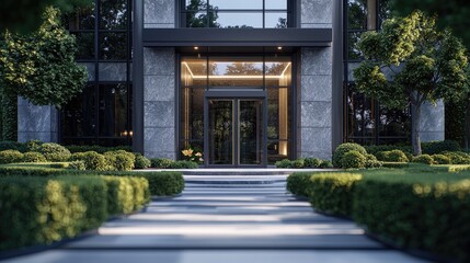 Modern Building Entrance with Lush Landscaping
