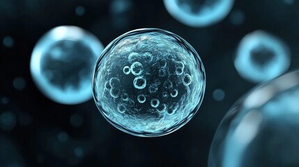 Detailed view of microscopic cells floating in a dark background showcasing biological structures and interactions