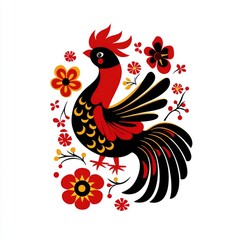 Stylized Rooster with Floral Ornament Red, Black, and Gold Folk Art Design