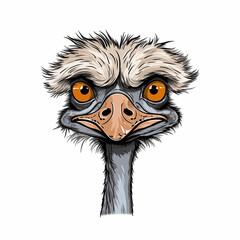 Fototapeta premium Cartoon ostrich, front view, icon, color sketch highlighted on a white background, picture, image for printing on a T-shirt, background, without people, caricature