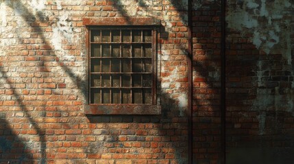 Weathered Brick Wall with Rusty Window and Shadow.