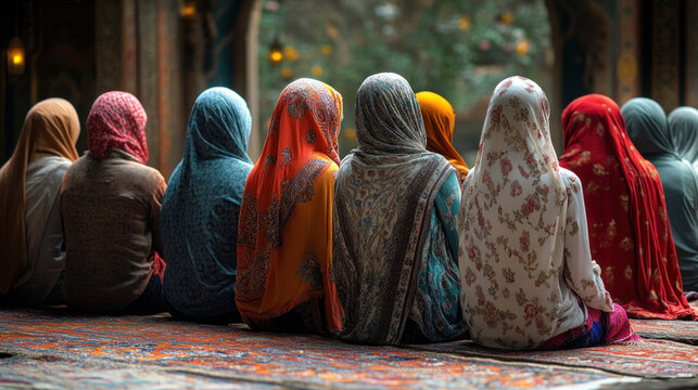 A group of Muslim women attending a Quran study session in a serene mosque setting