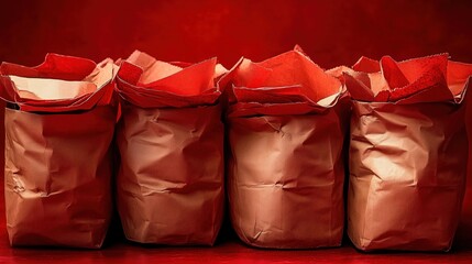 Bags of red paper filled with various items arranged neatly on a table in a warm light setting