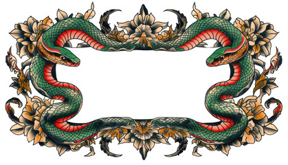 Fototapeta premium Intricate Tattoo Design Featuring Two Green Snakes and Floral Motifs with Ornate Details 