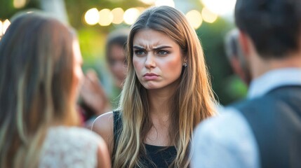 A woman with a scowl, observing her partner talking to another woman at a gathering.