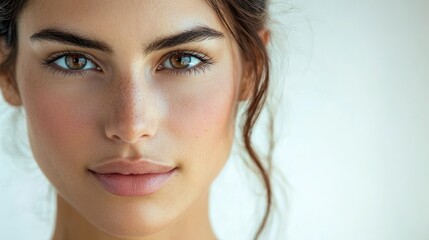 Naklejka premium a woman's face, highlighting her glowing, smooth, and flawless skin under soft lighting.