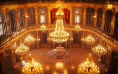 Obraz premium Ornate Ballroom Interior with Golden Chandeliers, Architectural Details and Tilt-Shift Effect.