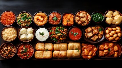 Assorted Indian Dishes Arranged on Wooden Tray