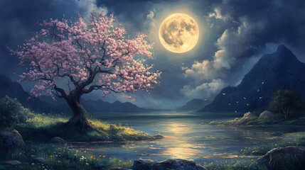 painting style illustration, full moon night shine over flower blossom tree with nature landscape