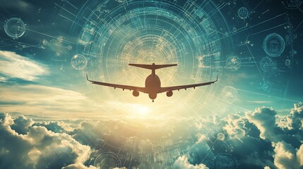 Airplane silhouette flying above clouds with futuristic HUD overlay.