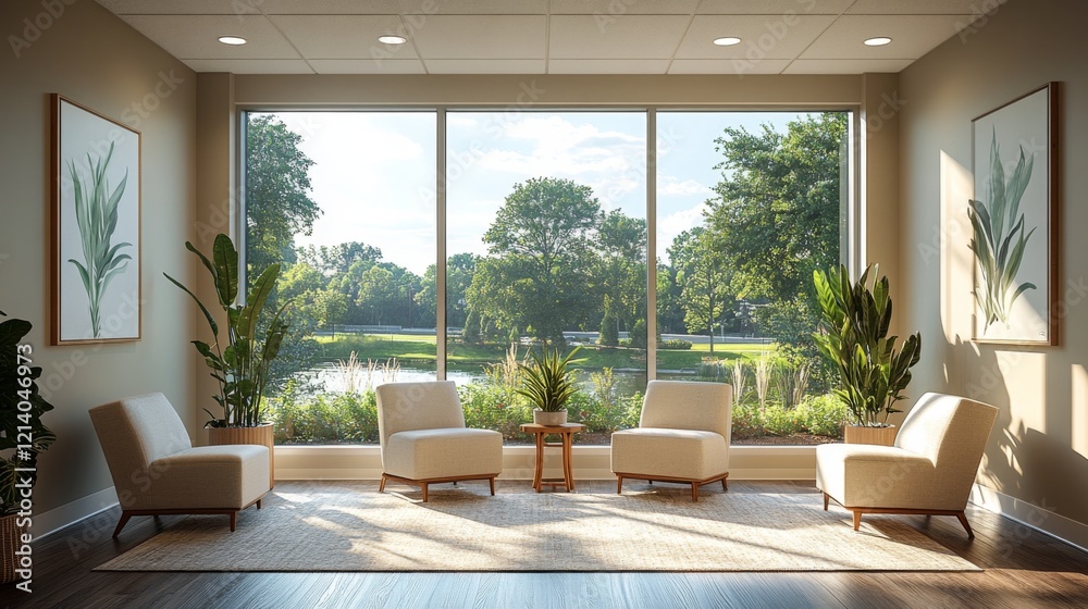 Poster a tranquil seating area features four light-colored chairs and side tables, surrounded by plants and