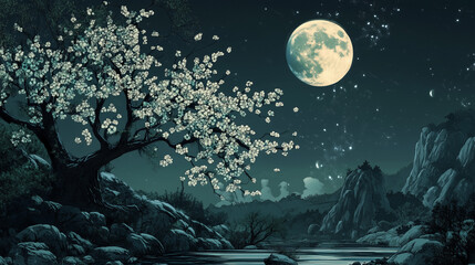 Naklejka premium painting style illustration, full moon night shine over flower blossom tree with nature landscape