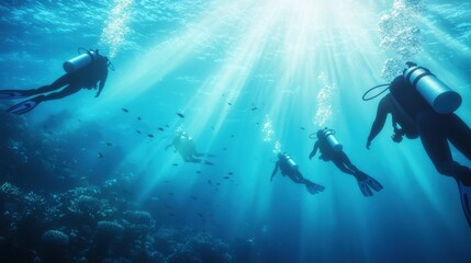 Underwater Exploration Divers in Sunlit Ocean Depths