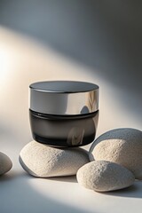 A dark gray glass cosmetic jar with a silver lid, placed on smooth rocks,