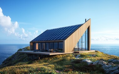 Obraz premium A solar-powered Scandinavian eco-lodge with a wooden facade, under a clear sunny sky, perched above the ocean with panoramic views of the coastline