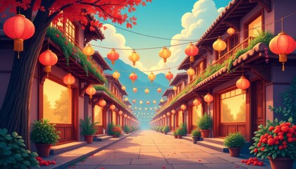 Charming lantern-lit street in a quaint village during twilight