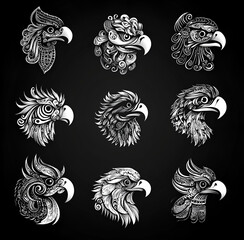 Set of Balinese batik-style eagle head icons, vector black and white illustration on a solid background