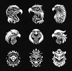 Obraz premium Set of Balinese batik-style eagle head icons, vector black and white illustration on a solid background