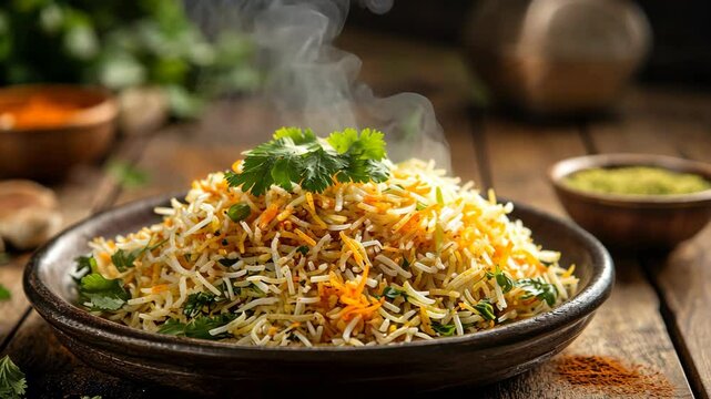 Delicious steaming biryani served on a rustic wooden table with aromatic spices and fresh herbs