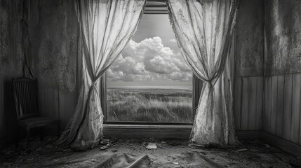 Old room with drapes, view of rolling fields.