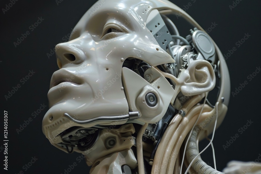 Poster humanoid robot head with visible mechanics showing artificial intelligence