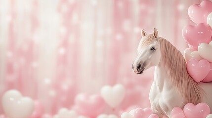 Beautiful white horse surrounded by pink hearts and balloons in a dreamy setting for a celebration