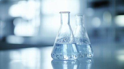 Scientific experiment in a laboratory with glass flasks filled with clear liquid under soft lighting