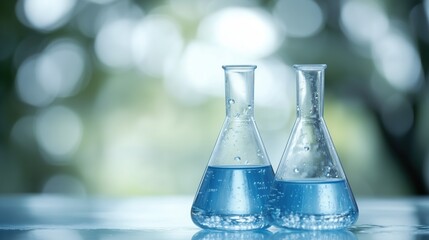 Laboratory flasks containing blue liquid arranged on a table in a scientific setting during daylight hours