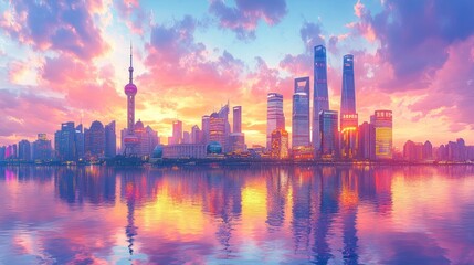 Fototapeta premium Shanghai sunrise skyline, vibrant colors, river reflection, cityscape
