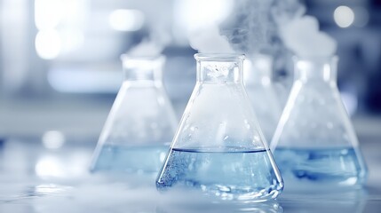 Fume-filled laboratory with glass flasks containing blue liquid on a tabletop during a scientific experiment