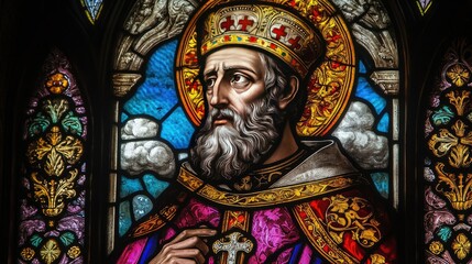 Fototapeta premium A beautiful stained glass window honoring St. Ambrose, featuring vibrant colors and intricate craftsmanship