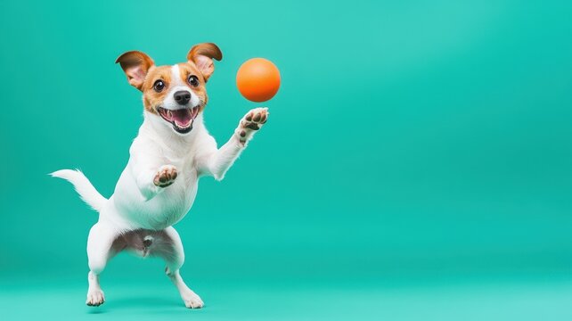 Dog playtime routines concept Playful dog catching an orange ball against a teal background.