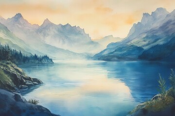 Serene Mountain Lake at Sunset Watercolor Painting, Peaceful Landscape Art.