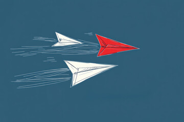 Flying paper airplanes in race, showcasing red airplane leading way. dynamic motion conveys sense of speed and competition