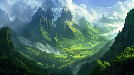 Fototapeta premium Majestic Mountain Range with Lush Green Valley and Dramatic Clouds, Digital Painting.