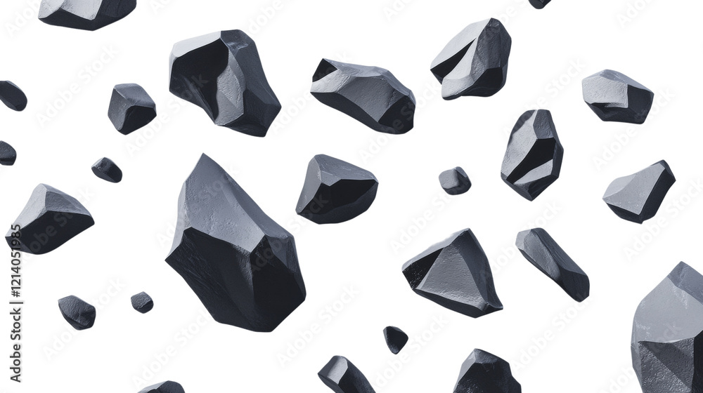 Aufkleber the image shows numerous grey rocks of varying sizes falling or floating against a pure black backdr