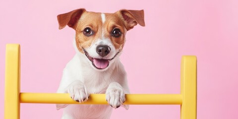 Dog playtime routines concept Happy dog posing playfully against a pink background.