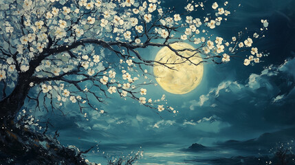 painting style illustration, full moon night shine over flower blossom tree with nature landscape