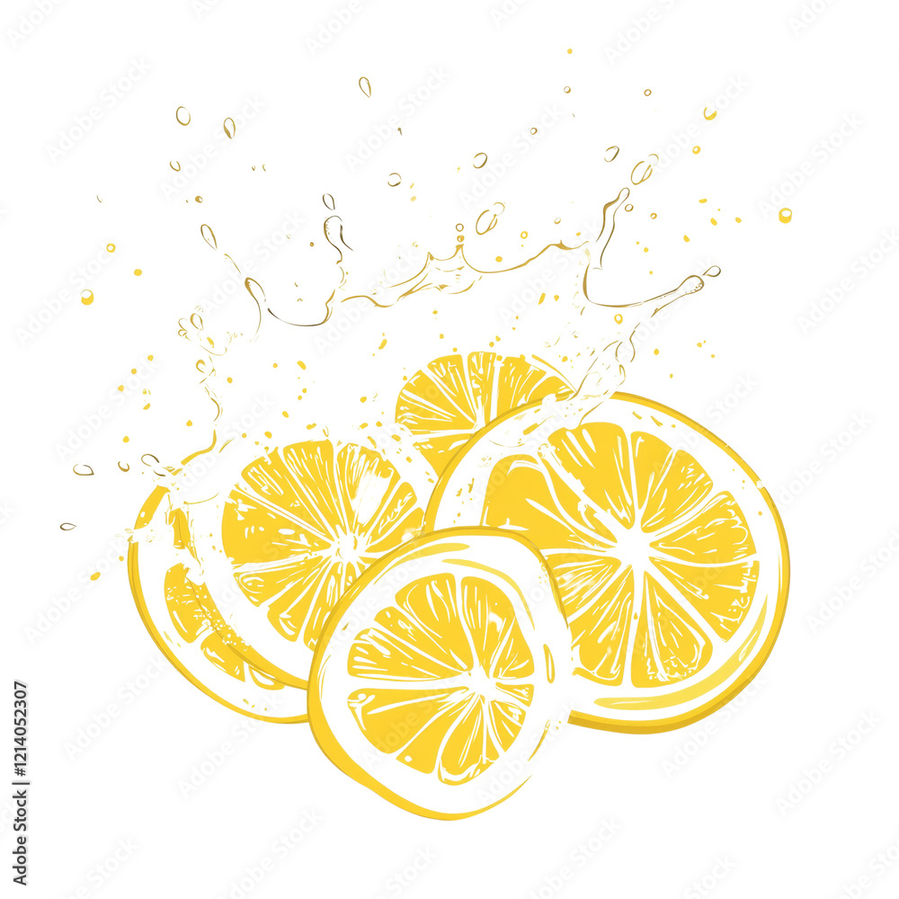 Poster a stylized illustration shows lemon slices with a water splash showcasing a vibrant and refreshing i