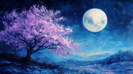 painting style illustration, full moon night shine over flower blossom tree with nature landscape