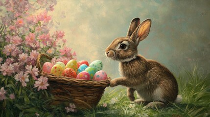 A bunny sniffing a basket of colorful Easter eggs, framed by delicate pink flowers and lush green grass