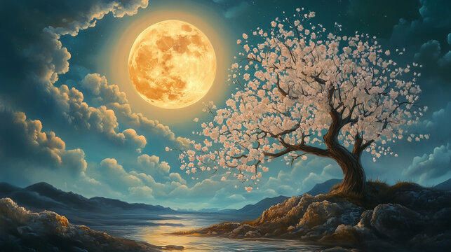 painting style illustration, full moon night shine over flower blossom tree with nature landscape
