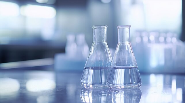Glass laboratory flasks containing clear liquid in a modern research facility during the daytime