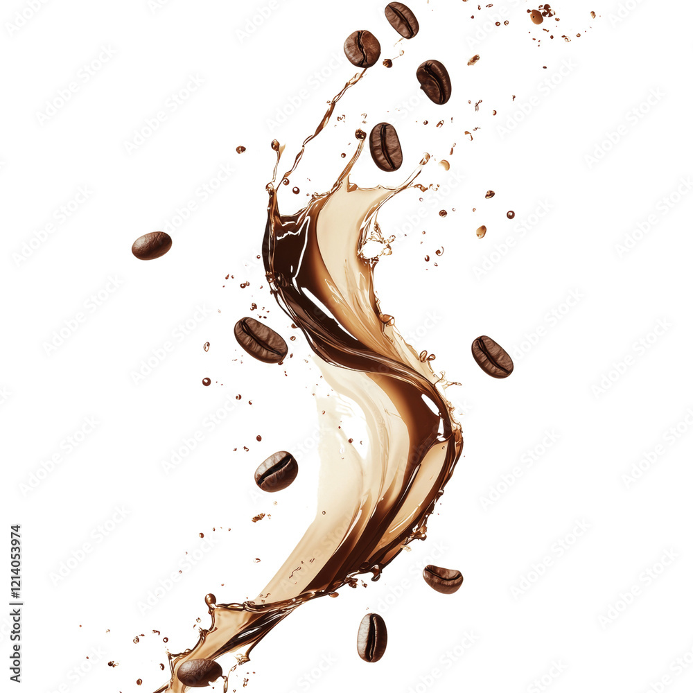 Poster a dynamic image showcasing a swirling splash of coffee with coffee beans scattered around it against
