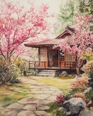 Naklejka premium Watercolor Painting of a Japanese Tea House Surrounded by Cherry Blossoms in Full Bloom.