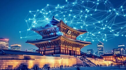 Obraz premium Historic Asian Architecture Meets Digital Network Glowing Building in Urban Landscape at Night