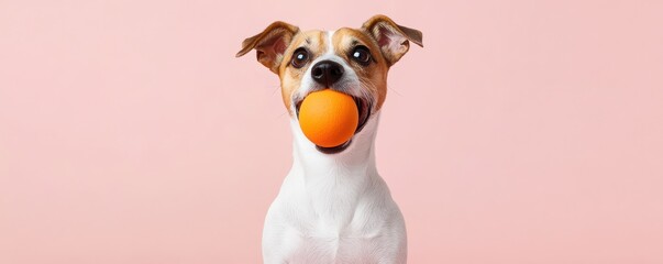 Dog playtime routines concept Happy dog holding orange ball against a pink background.